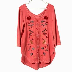 Soft Surroundinfs Embroidered Scoop Neck Pink Coral Knit Tunic Top M Boho